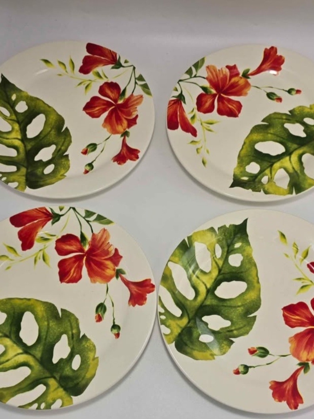 Pier 1 Tropical Hibiscus Ceramic Dinner Plates – White with Red & Green